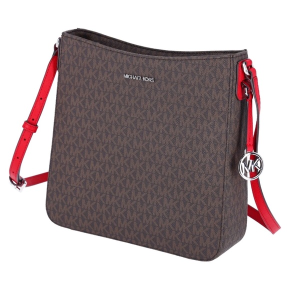 Michael Kors Jet Set Travel Large Messenger Bag Crossbody Brown MK Bright Red - Picture 7 of 11
